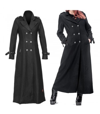 Women Gothic Military Style Black Wool Coat Long Coat with Officer Detailing